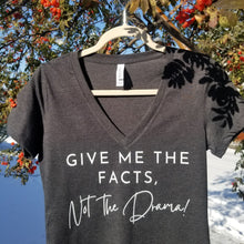Load image into Gallery viewer, Grey Slim-Fit Deep V-Neck Tee "Give me the facts. Not the drama!"