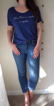 Load image into Gallery viewer, Navy Flowy Scoop-Neck Tee - "Yes. I do have a crystal in my bra."