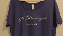 Load image into Gallery viewer, Navy Flowy Scoop-Neck Tee - &quot;Yes. I do have a crystal in my bra.&quot;
